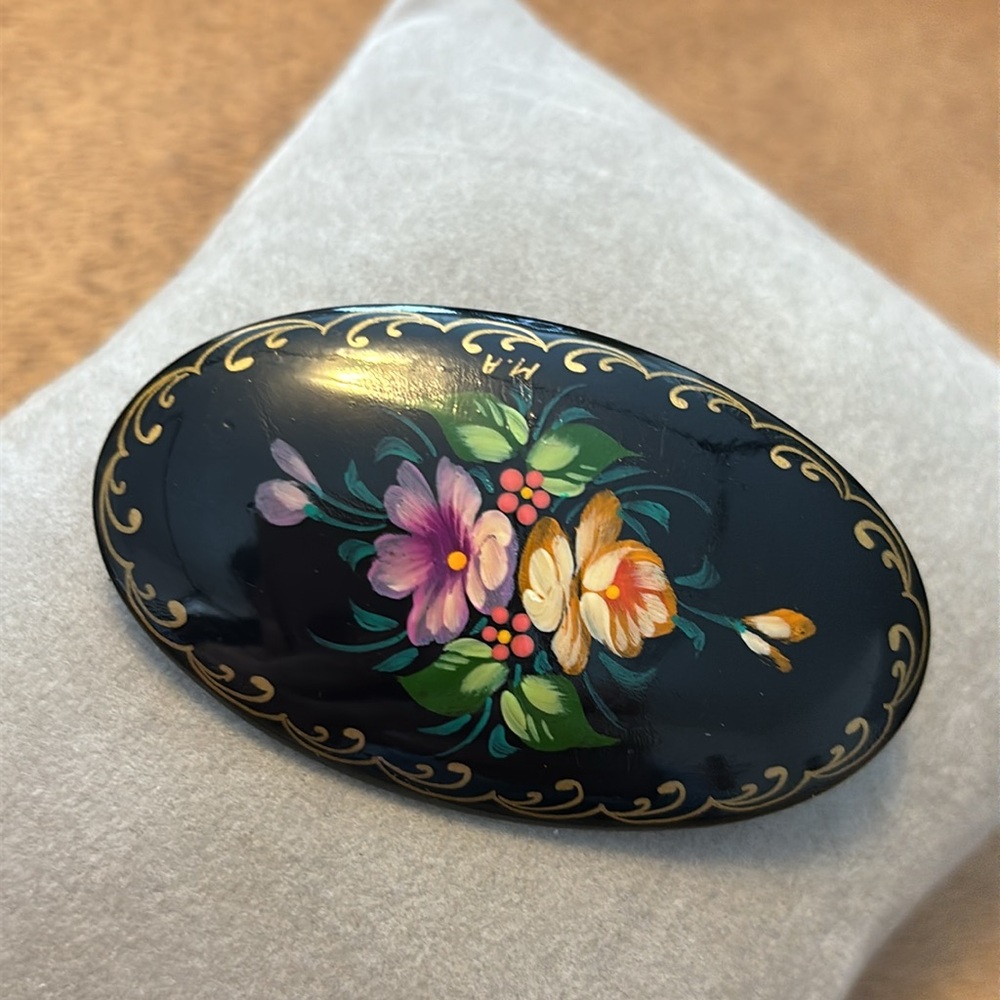 Vintage Black Lacquer Brooch Black Lacquer Pin Hand Painted Flowers